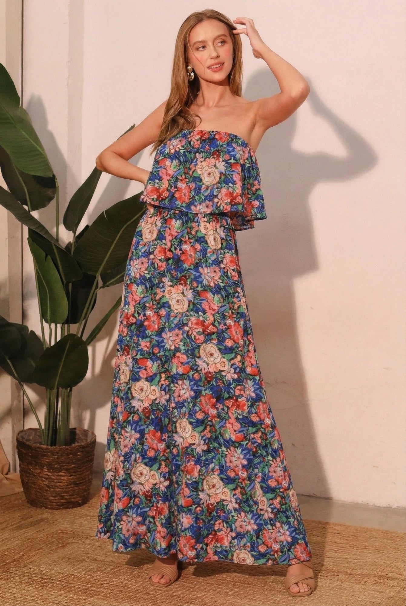 LuxeHaven bloom party strapless maxi dress floral evening gown front view