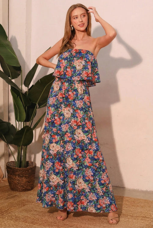 LuxeHaven™ Bloom Party strapless maxi dress front view elegant floral evening gown