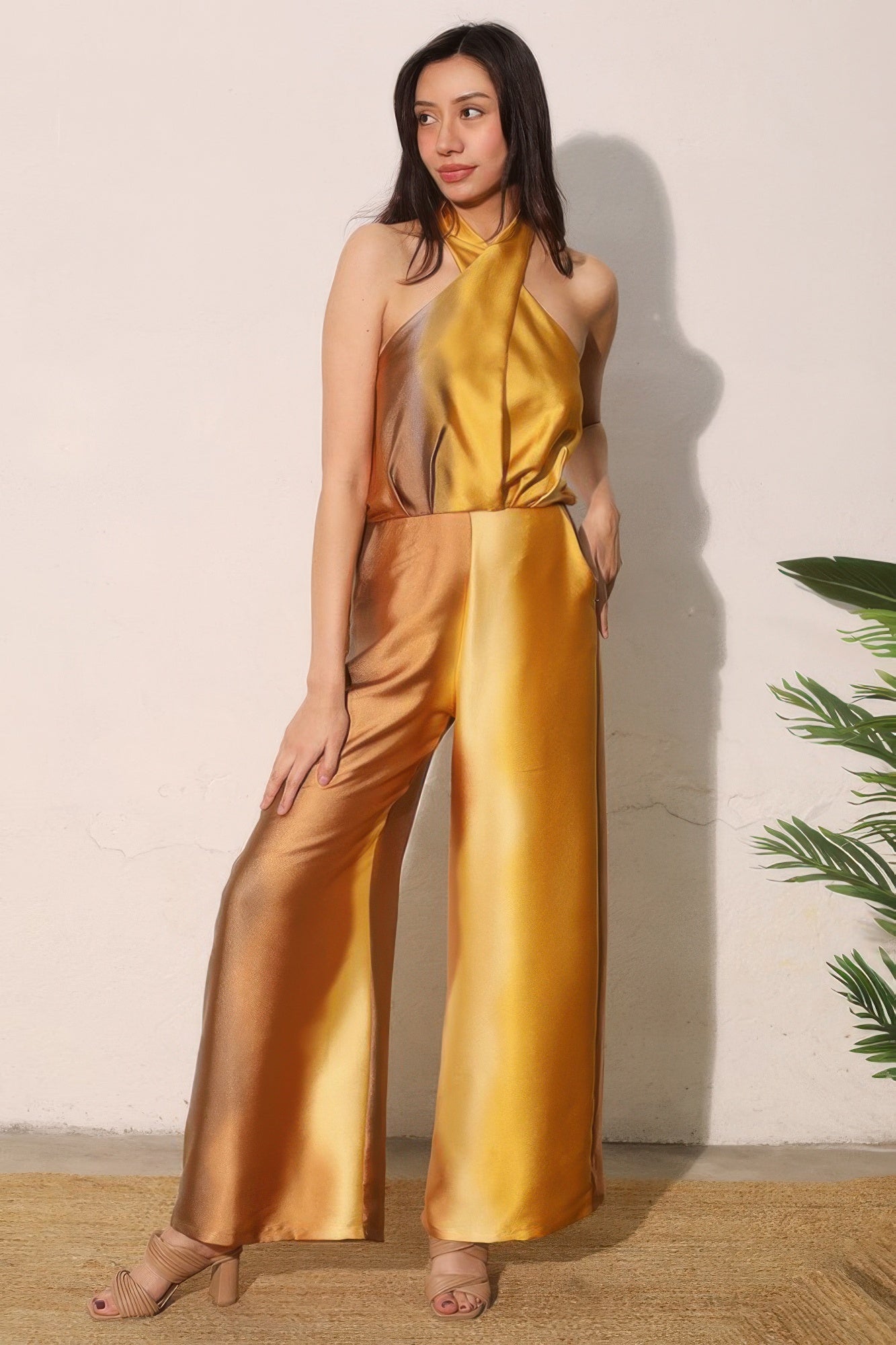 LuxeHaven Ombre Satin Convertible Halter Jumpsuit front view