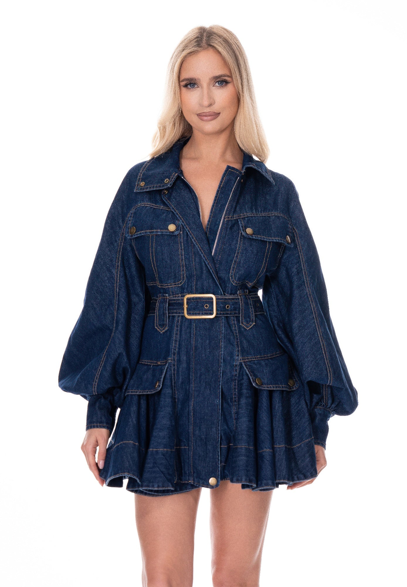 LuxeHaven denim dress front view women fashion
Elegant denim dress casual chic outfit
Women wearing denim dress stylish streetwear
Close-up denim fabric texture dress