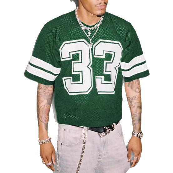 Men’s Mesh Sports Jersey T-Shirt in loose fit, round neck, hip hop streetwear style – LuxeHaven