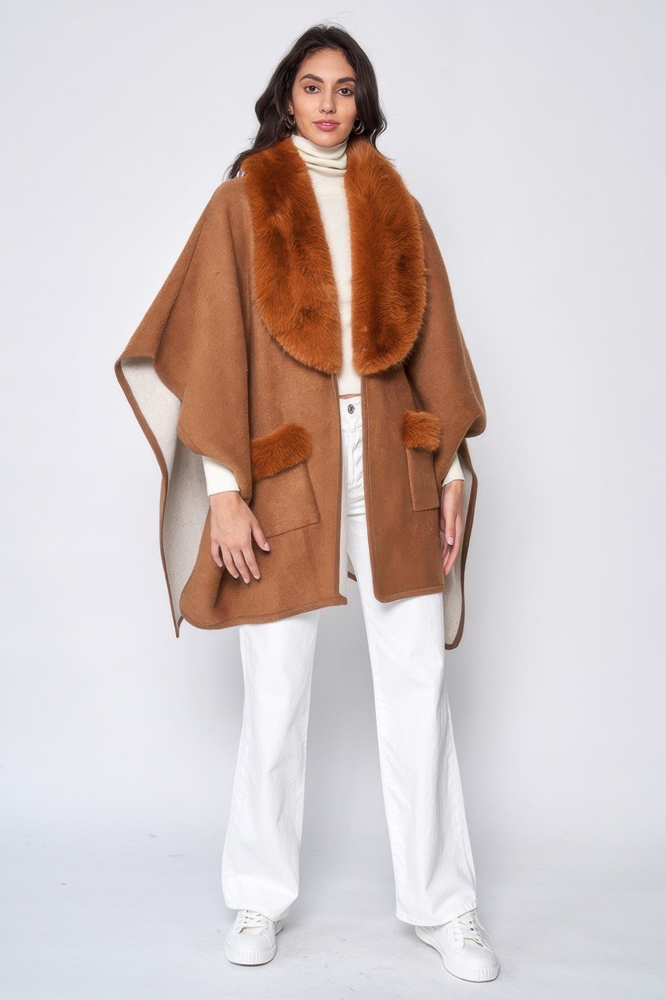 LuxeHaven Faux Fur Collar Kimono featuring soft faux fur trim collar, open front design, and elegant flowing silhouette for stylish layered wear