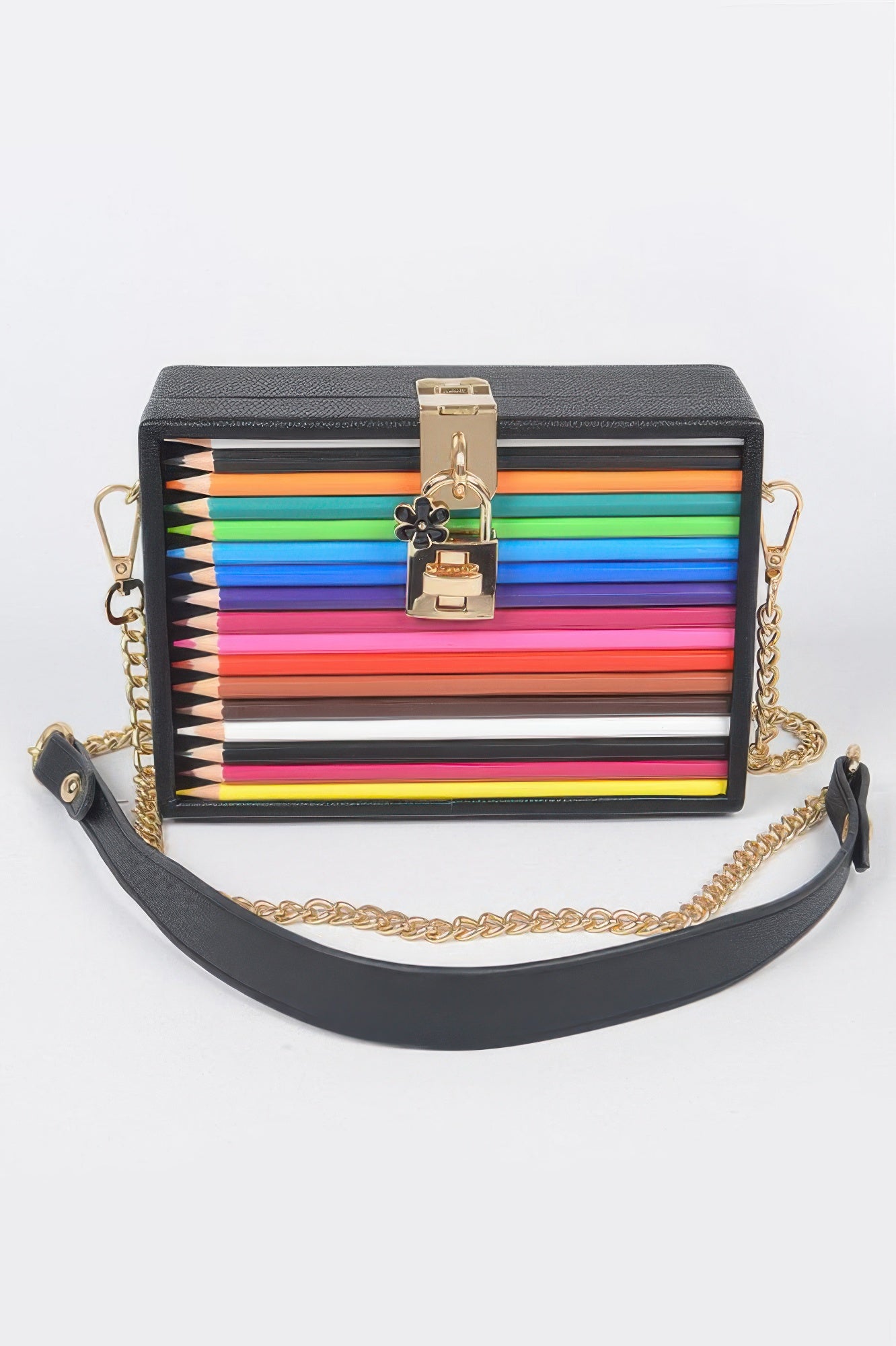 LuxeHaven™ pencil case with key and lock closure chain detail mini clutch bag