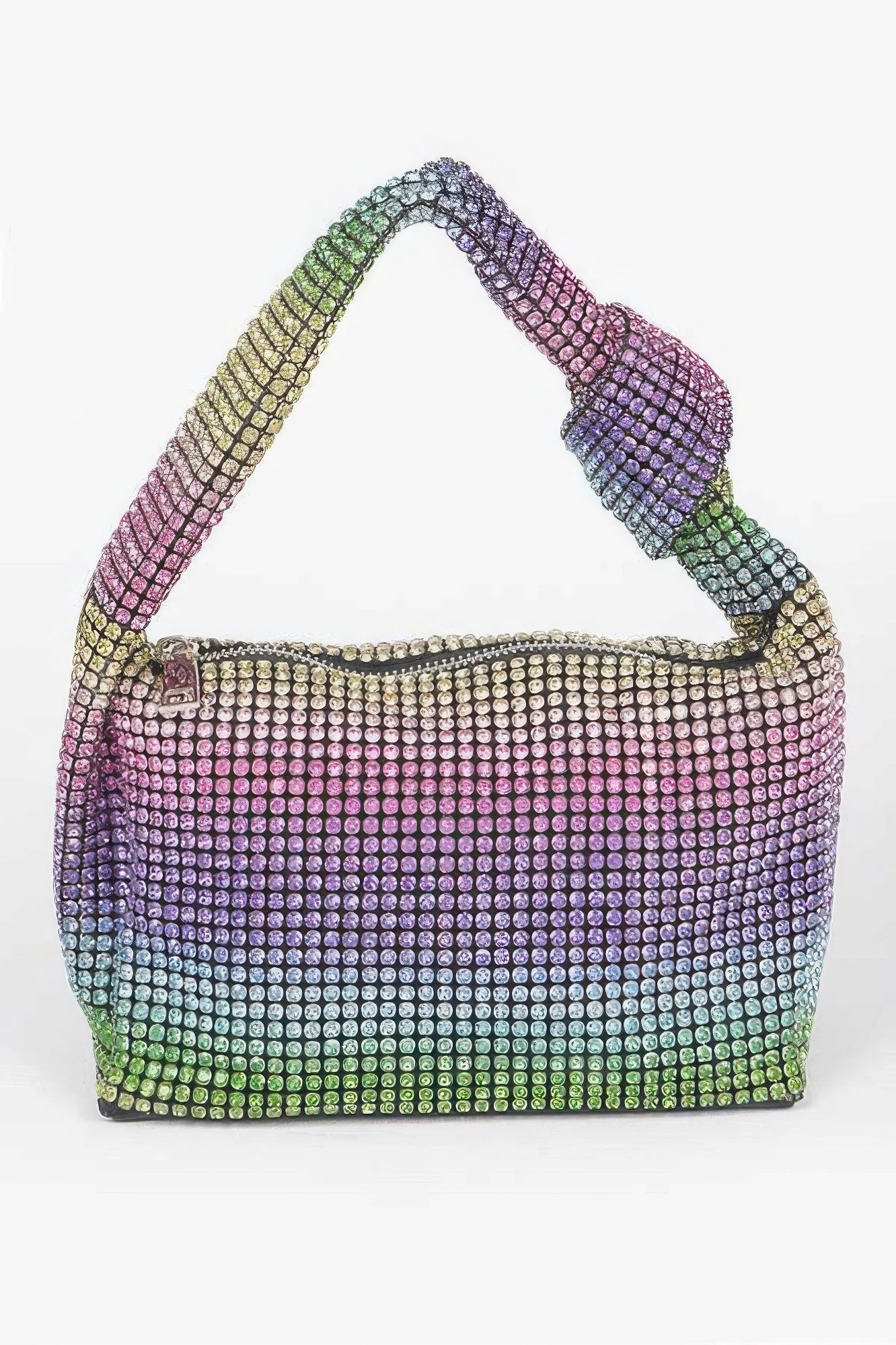 LuxeHaven rhinestone shoulder zip bag with sparkling crystal embellishments, structured silhouette, and secure zip closure for elegant evening and party styling.