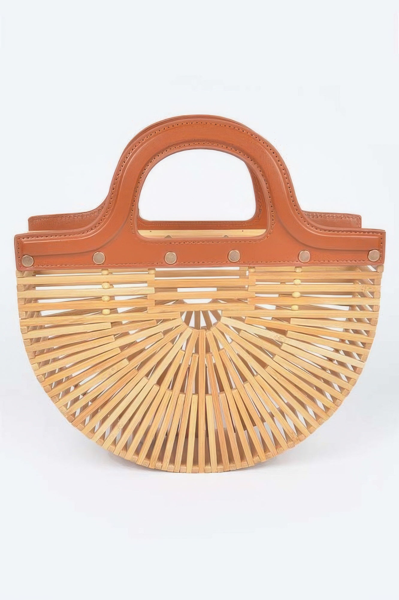 LuxeHaven bamboo top handle bag with woven structured body, natural bamboo handles, and elegant summer resort styling.