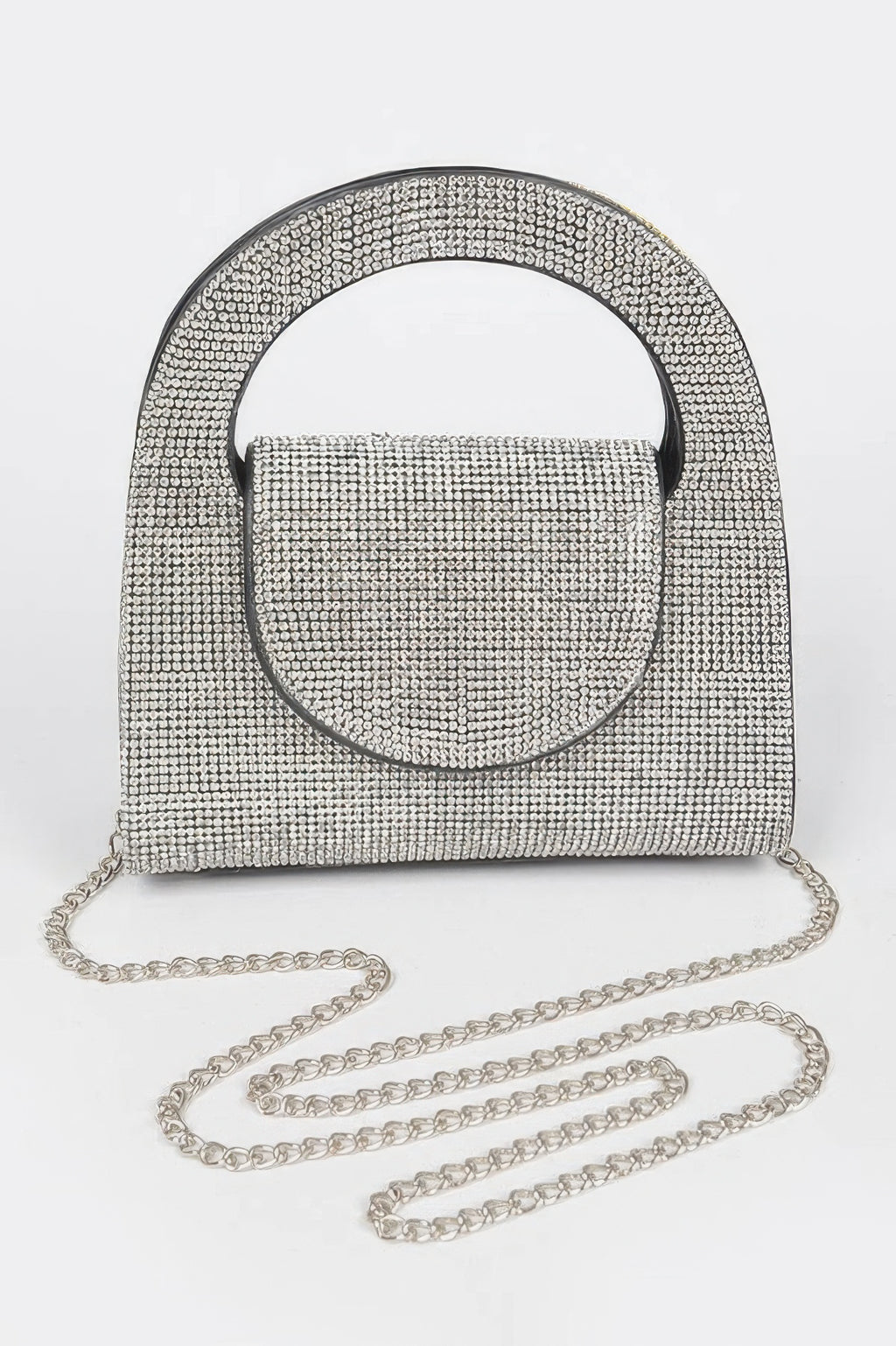 LuxeHaven rhinestone top handle bag with sparkling structured silhouette, compact elegant design, and glamorous evening styling.