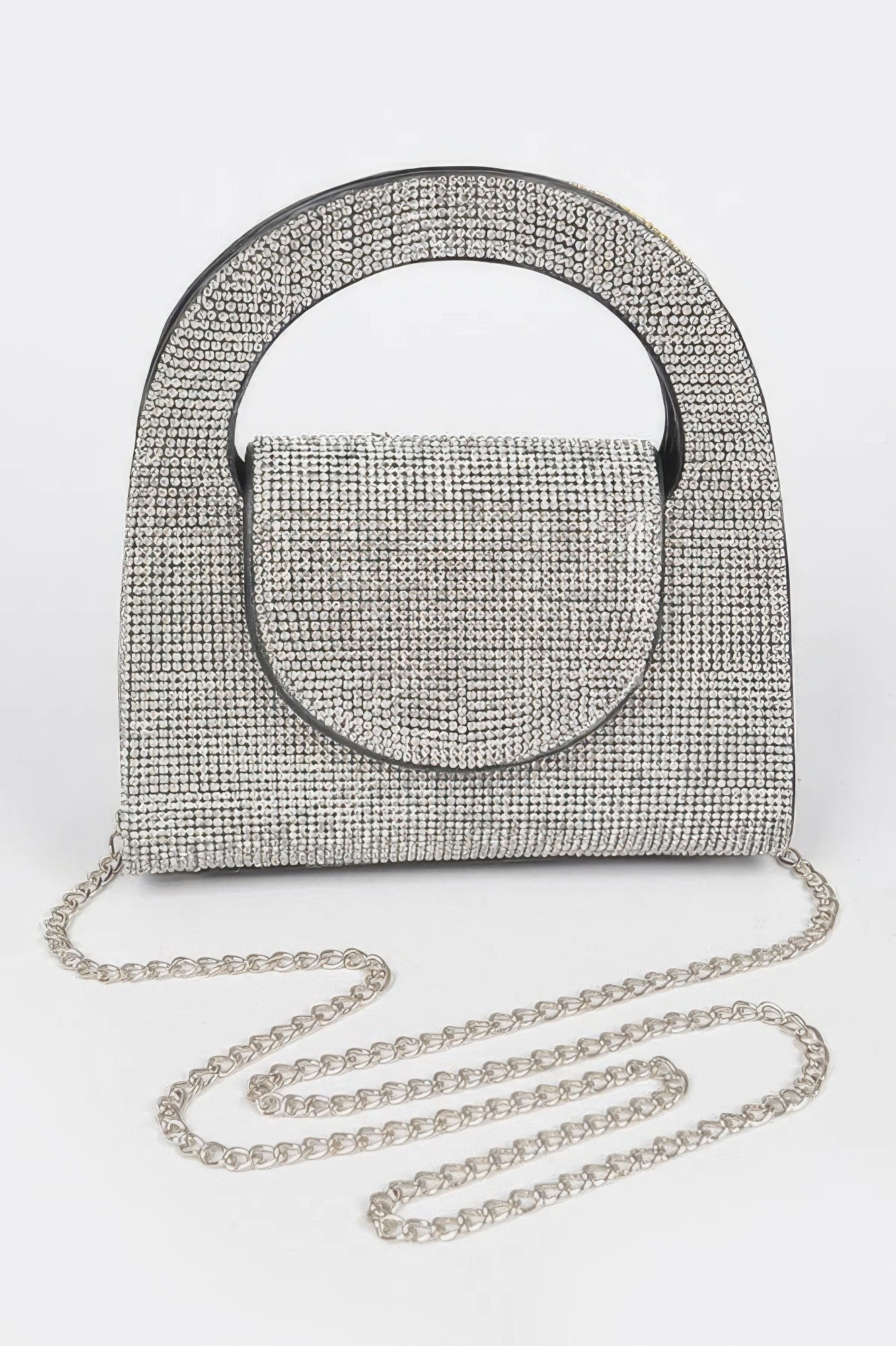 LuxeHaven rhinestone top handle bag with sparkling structured silhouette, compact elegant design, and glamorous evening styling.