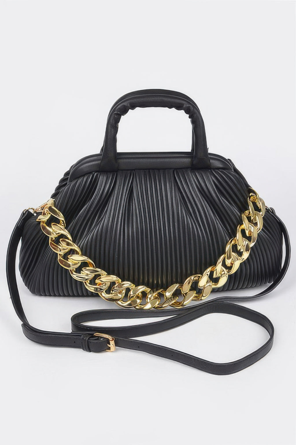 LuxeHaven pleated faux leather top handle bag with structured silhouette, elegant pleated texture, and modern sophisticated styling.