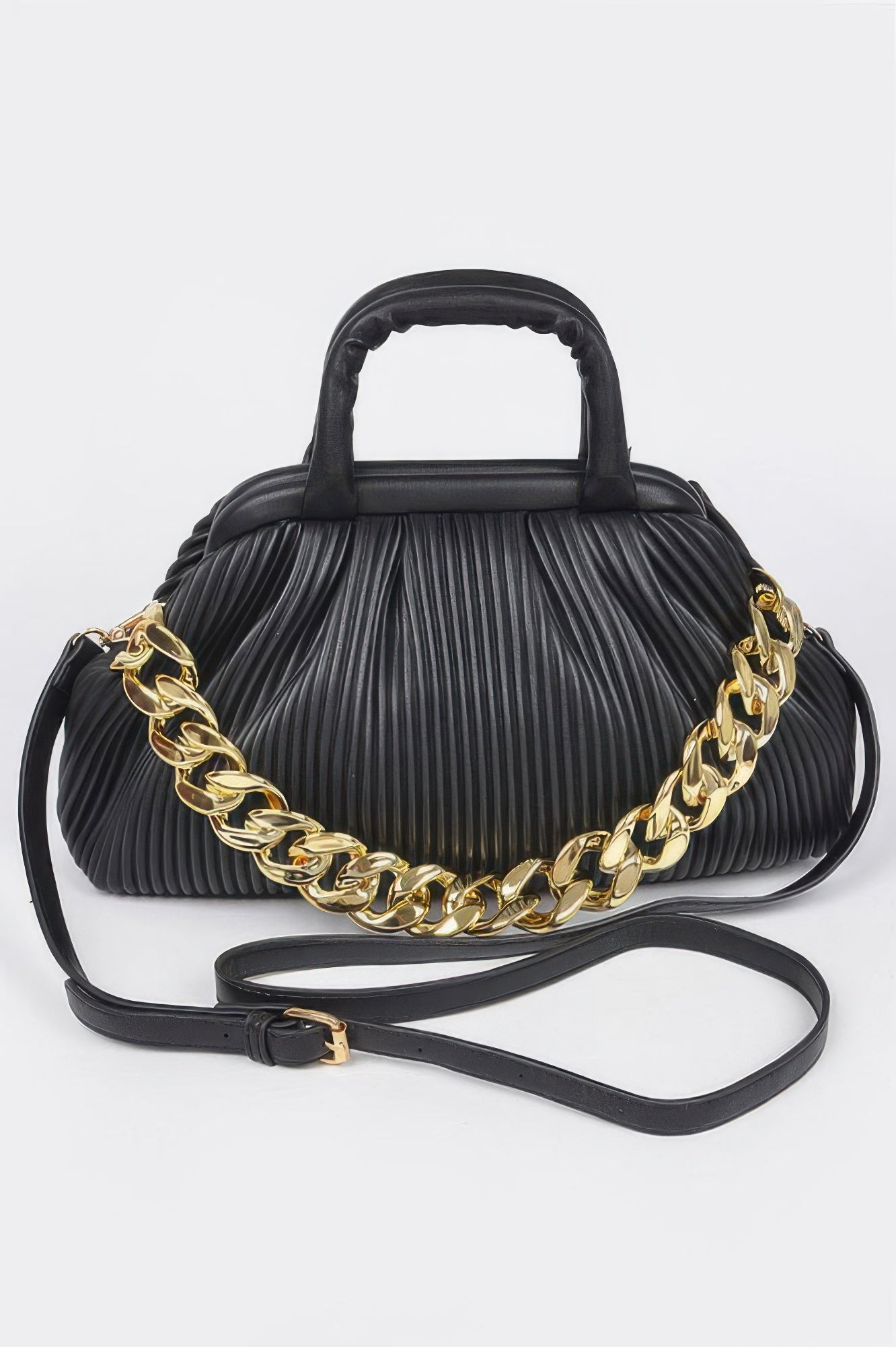 LuxeHaven pleated faux leather top handle bag with structured silhouette, elegant pleated texture, and modern sophisticated styling.