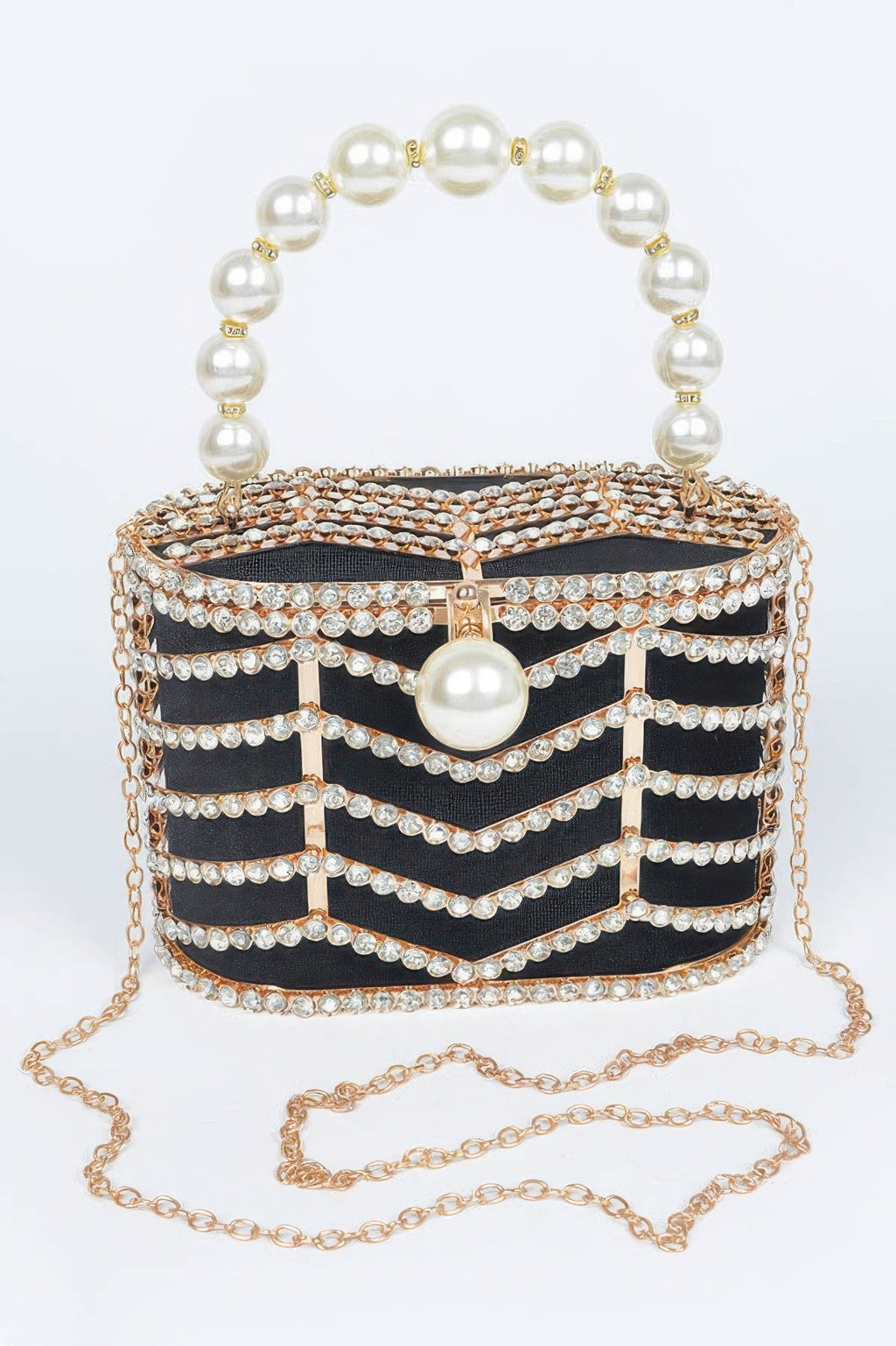 LuxeHaven rhinestone metal frame clutch featuring sparkling embellishments and a structured design for formal occasions.