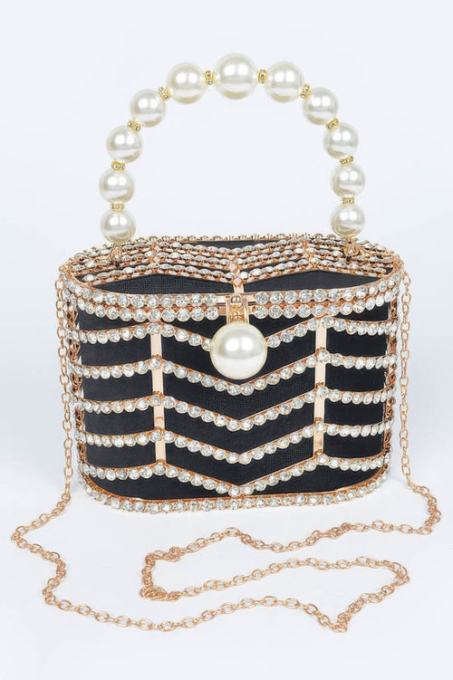 LuxeHaven™ Women's Rhinestone Handle Stoned Party Clutch with sparkling rhinestone handle, metal frame, and structured design for formal occasions.