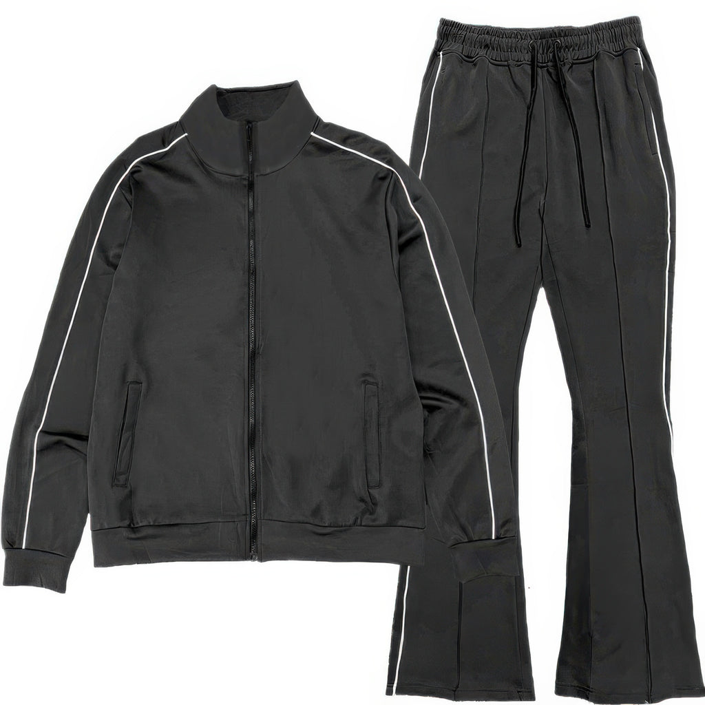 Man wearing LuxeHaven side pipe track jacket with contrast piping and full-zip athletic design.