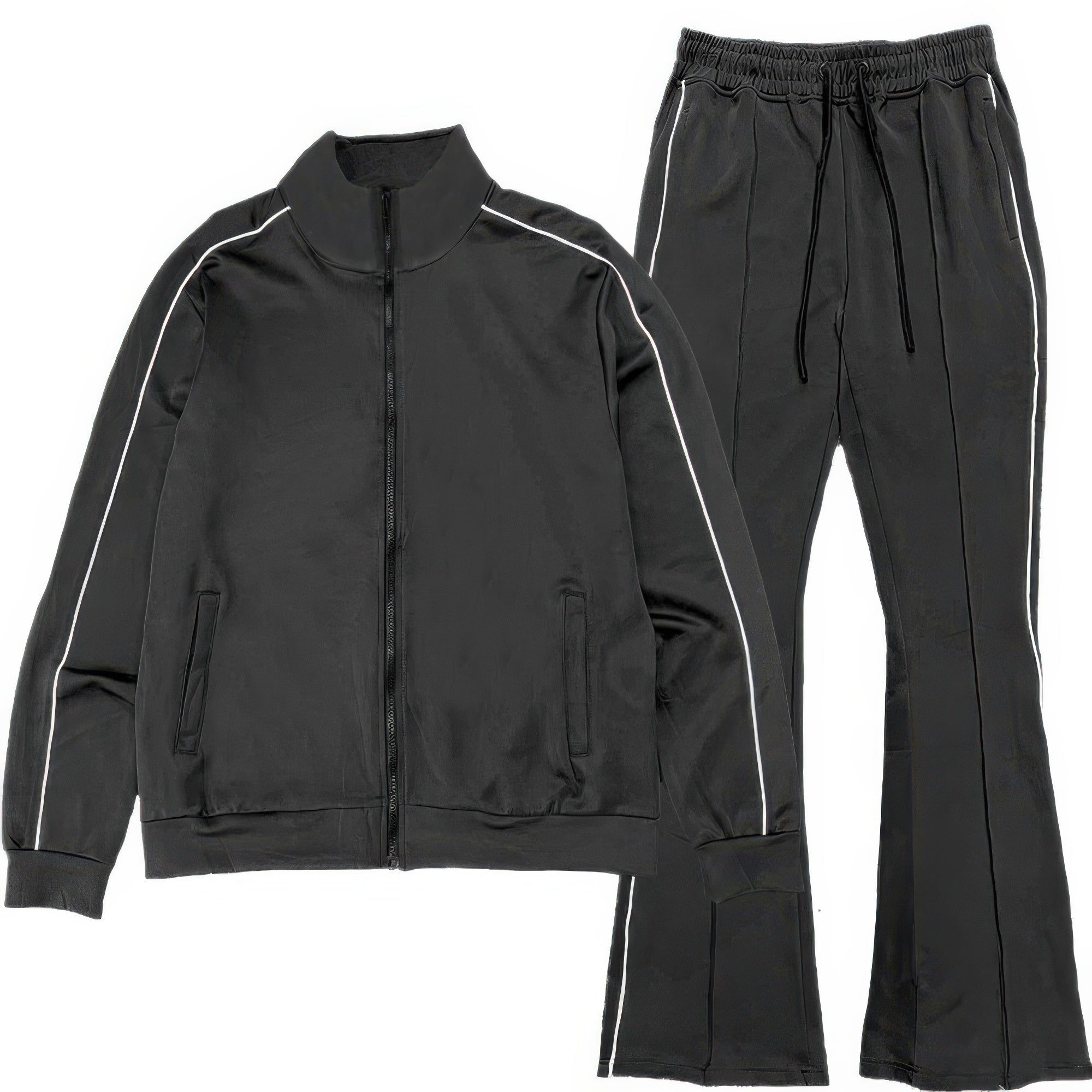 Man wearing LuxeHaven side pipe track jacket with contrast piping and full-zip athletic design.