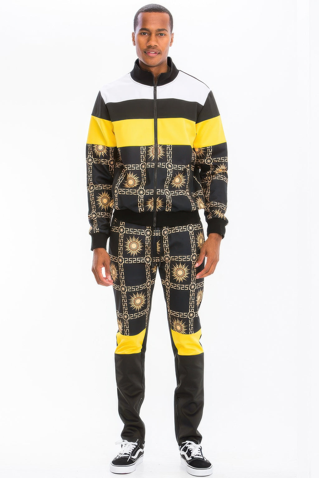 Man wearing a LuxeHaven printed poly span track set featuring a coordinated two-piece design, athletic fit, and sporty casual styling