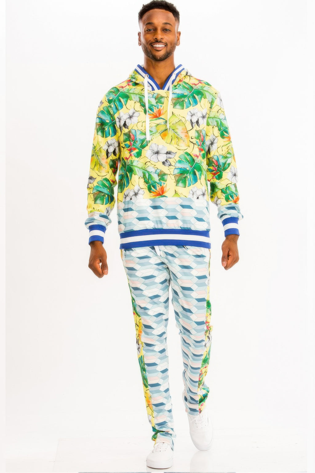 Man wearing LuxeHaven printed hoodie and sweat set, comfortable two-piece casual outfit for everyday wear.