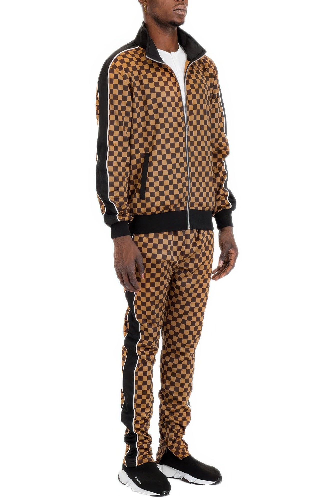 Man wearing LuxeHaven rich checkered track pants with a comfortable athletic fit and stylish checkered pattern.