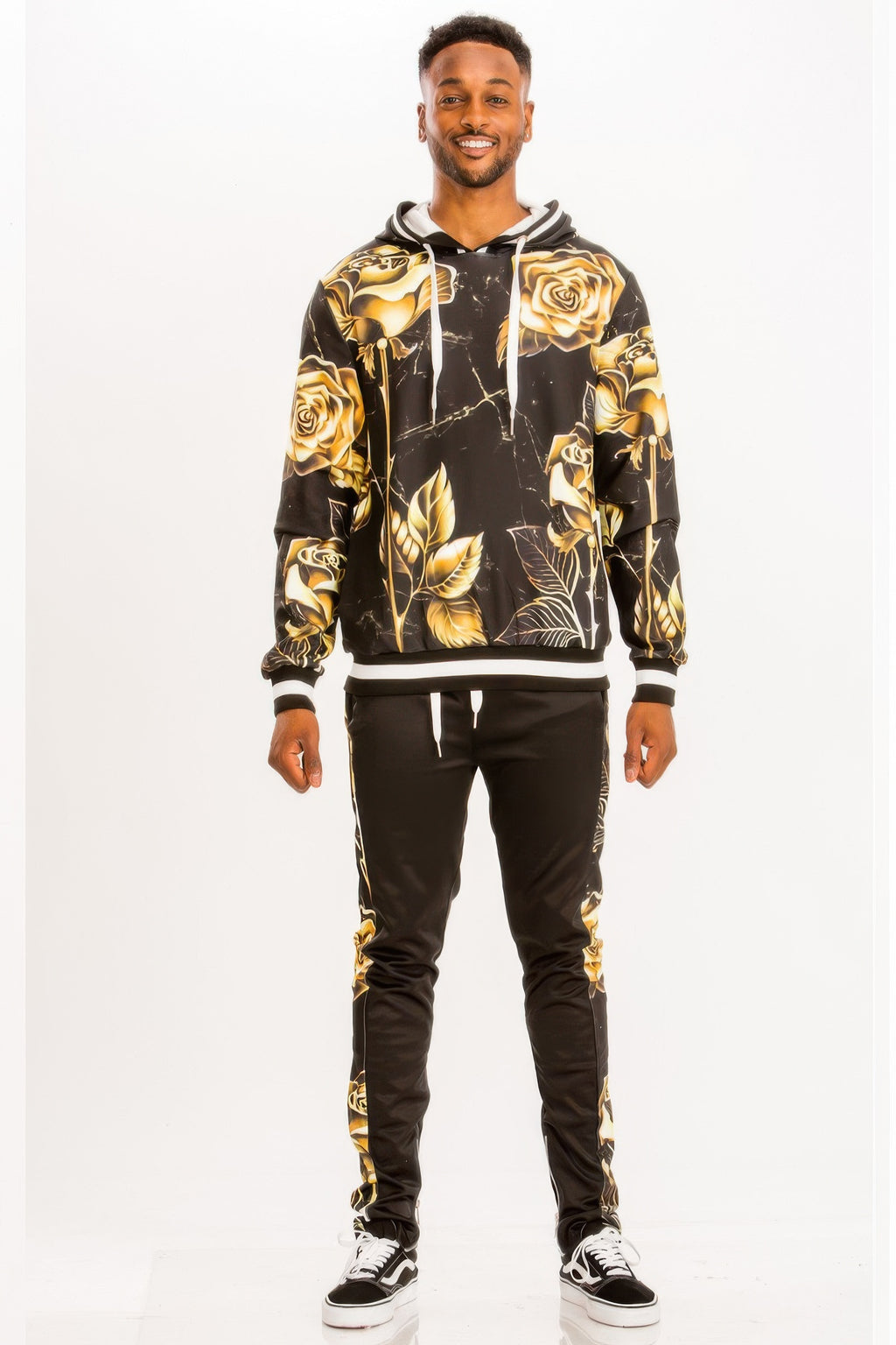 Man wearing LuxeHaven printed hoodie and sweat set, comfortable two-piece casual outfit for everyday wear.