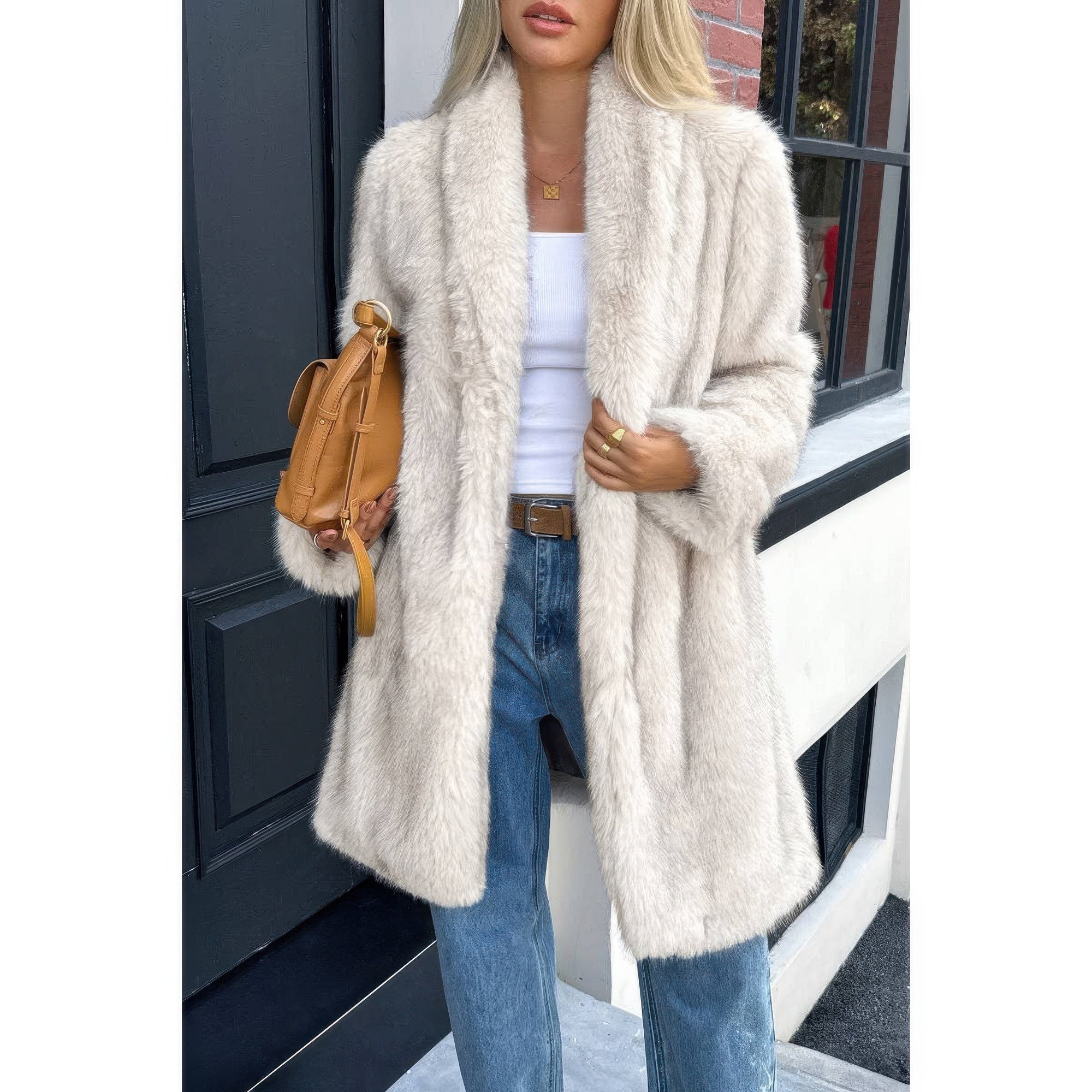 Woman wearing LuxeHaven™ fluffy faux fur shaggy long body outwear coat