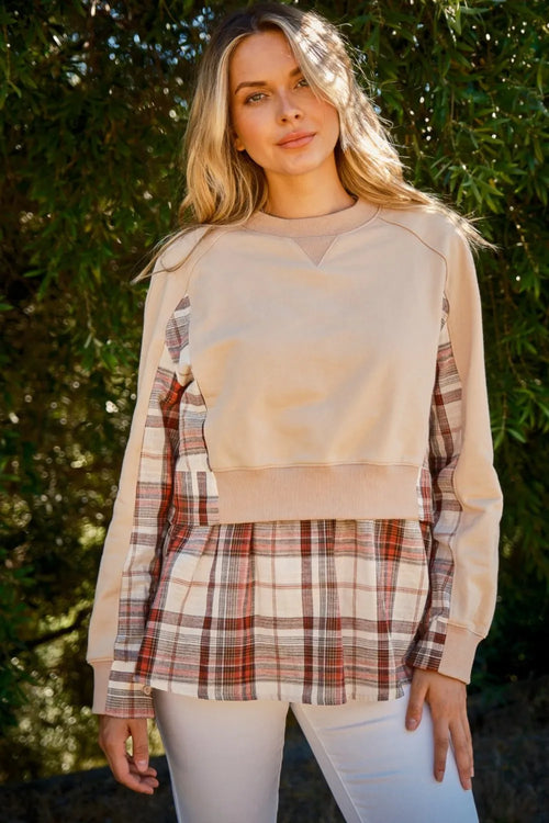 LuxeHaven double layered plaid contrast sweatshirt for women, casual oversized pullover top with long sleeves and relaxed fit for everyday wear