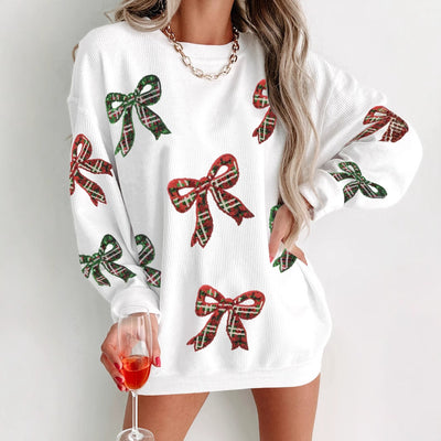 European And American Autumn And Winter Women's Bow Sequins Round Neck Loose Sweatshirt