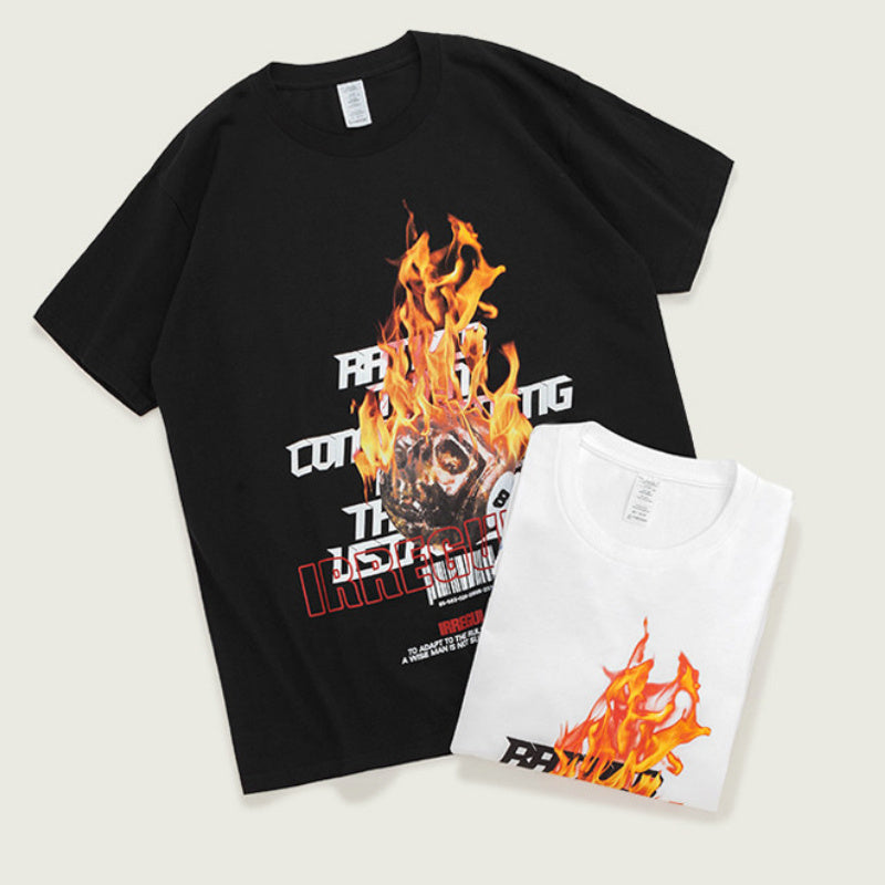 Flame Skull Print Men's Short Sleeve