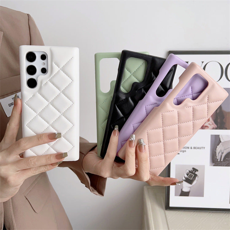 LuxeHaven diamond plaid leather phone case with elegant design and protection.