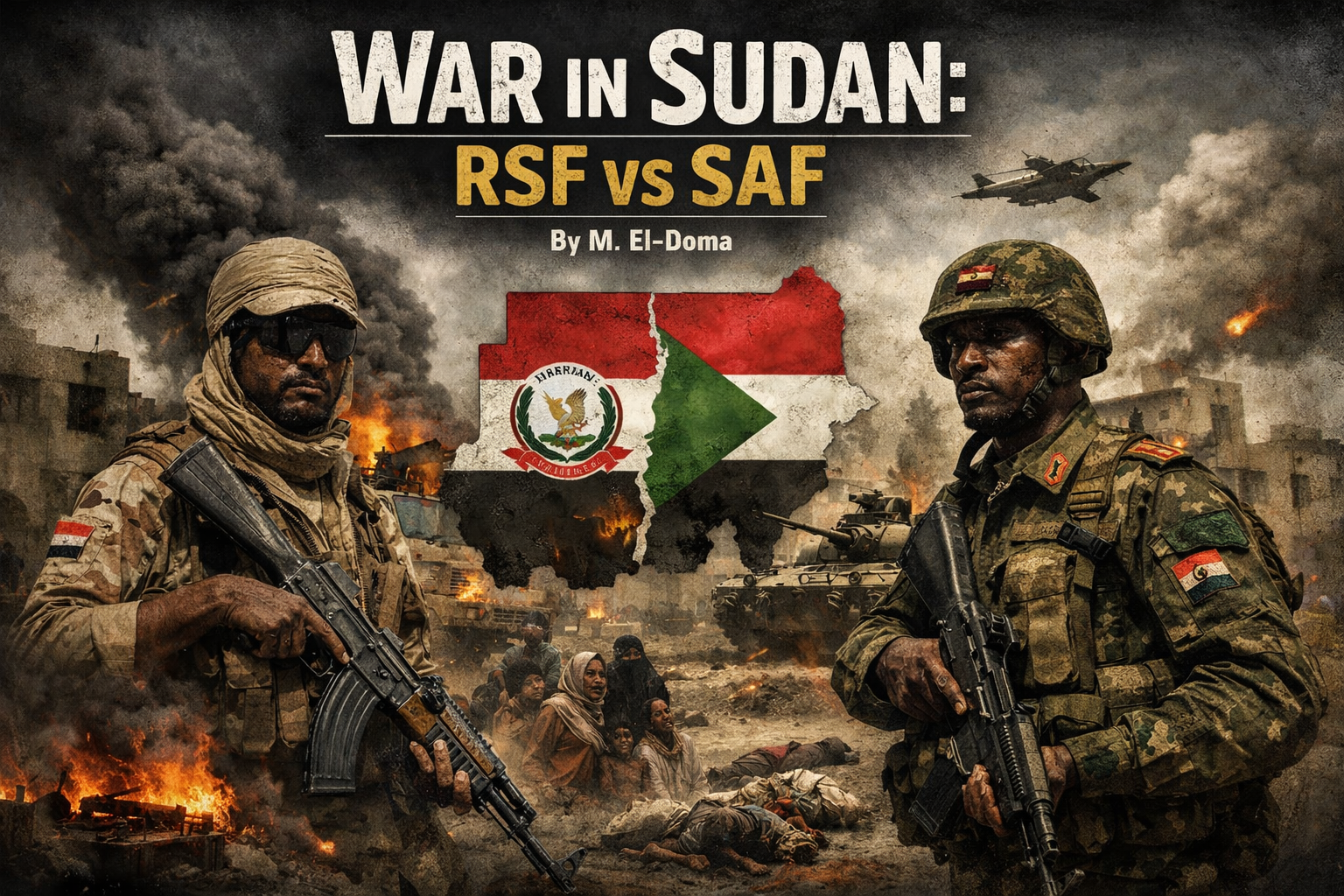 LuxeHaven book cover titled “War in Sudan: RSF vs SAF” by M. El-Doma, analyzing the political and humanitarian dimensions of the Sudan conflict.